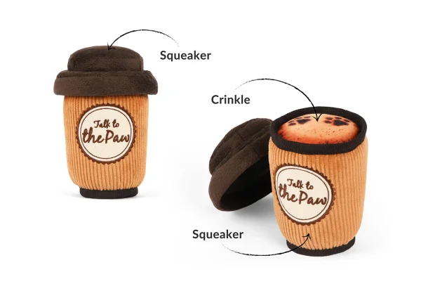 Start your pup's day with a jolt of joy with P.L.A.Y.'s Pup Cup Café Doggo's Java toy – the go-to coffee beverage that brews up excitement. This comforting cup features a squeaker in the body and crinkle fabric on the top for texture-rich play. With its own squeaker, the detachable lid adds an extra layer of interactive delight. Treat your furry friend to the ultimate canine coffee break, where every sip is a delightful playtime adventure! Hand-made craftsmanship, double layer exterior and reinforced stitching for extra durability Eco-friendly PlanetFill® filler is made from 100% post-consumer certified-safe recycled plastic bottles Machine washable and dryer friendly Features AZO-free dyes