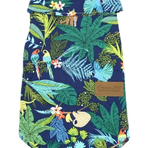 This designer camp shirt will transport you and your pet to the forests of Amazonia! Design features tropical forest animals and plants for that unique chic look in paradise.