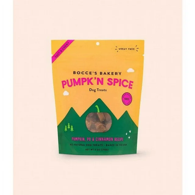 Bocce's Bakery Pumpkin Spice Dog Treats are a tasty, seasonal snack designed for your furry friend to enjoy the flavors of fall. Made with all-natural ingredients, these treats feature pumpkin, cinnamon, and a hint of spice, offering a delicious and wholesome snack for dogs. Free from artificial additives, preservatives, and fillers, these limited-edition treats are baked in small batches to ensure quality and freshness. They are ideal for pet owners who want to give their dogs a special, healthy treat that embodies the cozy, festive flavors of the season. Perfect for rewarding good behavior or just sharing the fall spirit with your pet!