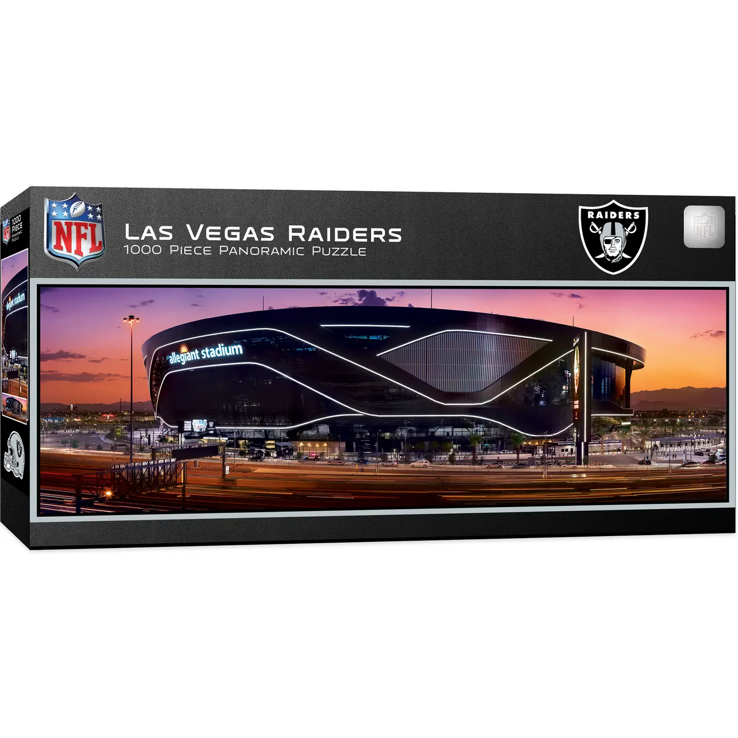 This MasterPieces NFL 1000pc 13" x 39" Panoramic Las Vegas Raiders Puzzle features the view of the Las Vegas Raiders' Allegiant Stadium with such incredible detail that it's common for you to find yourself as part of the photograph. This puzzle is proudly made in the USA. To reduce its impact on our environment, the chipboard used in this puzzle is made of recycled material.