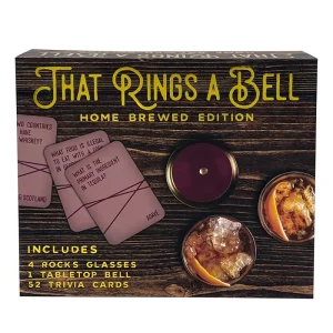 Get ready to hit that bell. A party trivia game that is fun for everyone. Test your knowledge and learn some new fun fact while enjoying your favorite beverage. Game includes four rock glasses, a game bell and trivia cards all in a sleek box to store them in until the next game night.