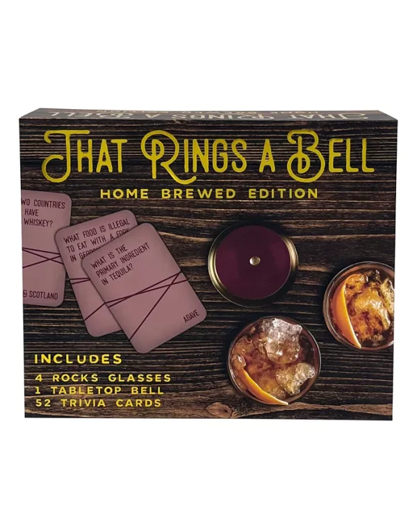 Get ready to hit that bell. A party trivia game that is fun for everyone. Test your knowledge and learn some new fun fact while enjoying your favorite beverage. Game includes four rock glasses, a game bell and trivia cards all in a sleek box to store them in until the next game night.