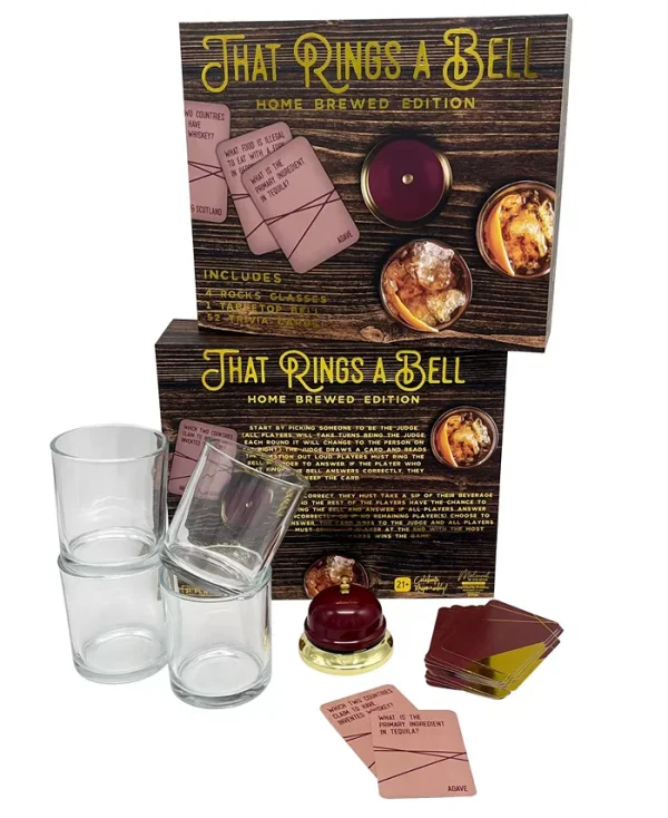 Get ready to hit that bell. A party trivia game that is fun for everyone. Test your knowledge and learn some new fun fact while enjoying your favorite beverage. Game includes four rock glasses, a game bell and trivia cards all in a sleek box to store them in until the next game night.