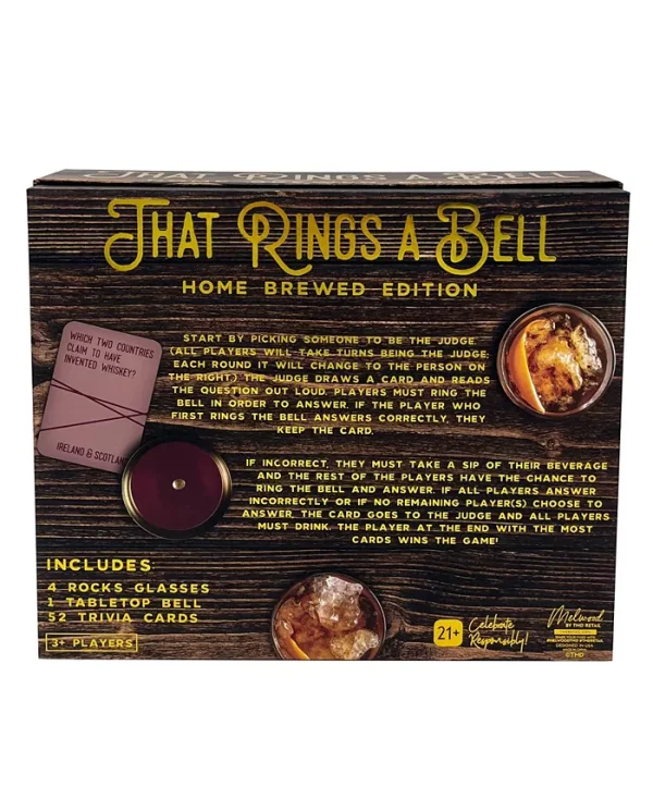 Get ready to hit that bell. A party trivia game that is fun for everyone. Test your knowledge and learn some new fun fact while enjoying your favorite beverage. Game includes four rock glasses, a game bell and trivia cards all in a sleek box to store them in until the next game night.