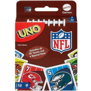 Classic UNO game play with graphics featuring favorite players from the National Football League. Includes a special rule! Ages 7 and up.