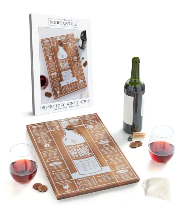 Elevate any wine night with Studio Mercantile wood drinkopoly board wine edition. This interactive game, accommodating up to 6 players, features wine-themed prompts for unforgettable fun. Always play responsibly. Includes board, die, game pieces, and carrying bag.