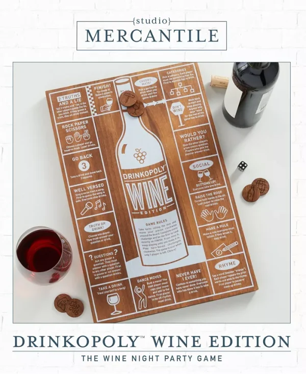 Elevate any wine night with Studio Mercantile wood drinkopoly board wine edition. This interactive game, accommodating up to 6 players, features wine-themed prompts for unforgettable fun. Always play responsibly. Includes board, die, game pieces, and carrying bag.