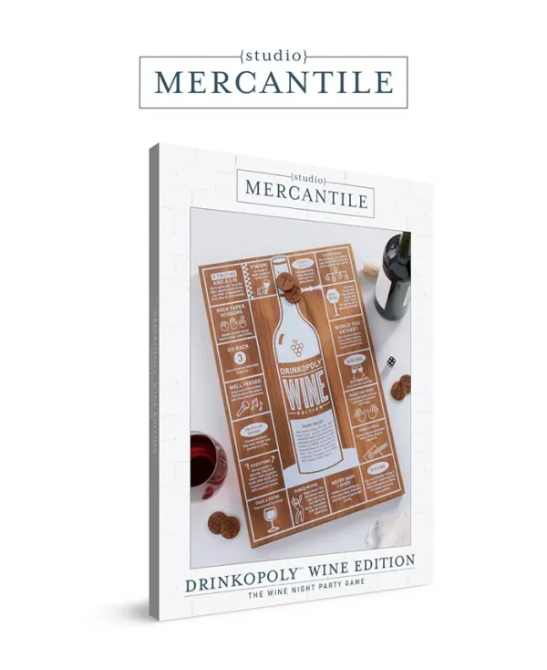 Elevate any wine night with Studio Mercantile wood drinkopoly board wine edition. This interactive game, accommodating up to 6 players, features wine-themed prompts for unforgettable fun. Always play responsibly. Includes board, die, game pieces, and carrying bag.