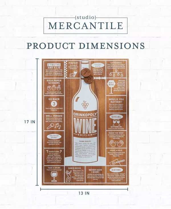 Elevate any wine night with Studio Mercantile wood drinkopoly board wine edition. This interactive game, accommodating up to 6 players, features wine-themed prompts for unforgettable fun. Always play responsibly. Includes board, die, game pieces, and carrying bag.