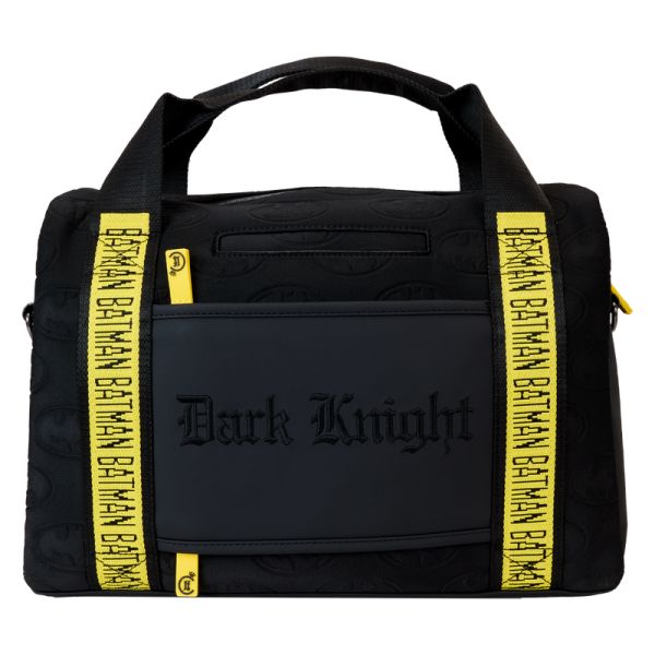 Like Batman™, your powers rely heavily on the gear you carry. Stay prepared for your next mission with a messenger bag to rival any hero’s utility belt. With zippered compartments, a crossbody strap, and functional pockets for tech and travel, this bag pays tribute to the Caped Crusader™ in a toned-down look that blends into the shadows while standing out from the crowd. Features: Vegan leather (polyurethane), nylon, and neoprene Zippered closure Top handles Adjustable (detachable) shoulder strap Front drop pocket Slide-through back sleeve Gunmetal hardware Internal mesh pockets Elastic water bottle band Elastic pen holders Debossed, embroidered, raised silicone, woven artwork, and printed details Coordinating inside lining Dimensions: 14”W x 10”H x 5”D This bag is an officially licensed DC product.