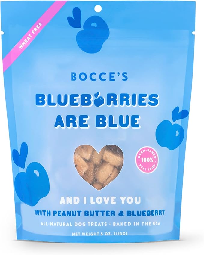 Bocce's Bakery Blueberries are Blue Dog Treats (5 oz) are a flavorful, all-natural snack made with wholesome ingredients your dog will love. These treats feature real blueberries, oats, and flaxseed, providing a tasty and nutritious option for your pet. Free from artificial additives, preservatives, and fillers, they are baked in small batches to ensure freshness and quality. These soft-baked treats are perfect for dogs of all sizes and are a great source of fiber and antioxidants, supporting your dog's overall health. The 5 oz package makes them a convenient, healthy snack for rewarding your pup or using during training sessions.