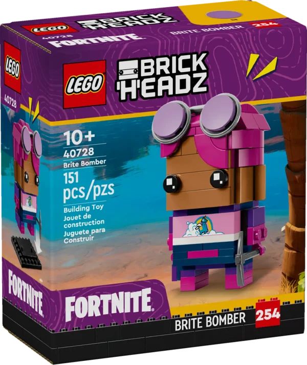 Thrill gamers with this awesome LEGO® Fortnite® BrickHeadz™ Brite Bomber (40728) building set for fans aged 10 and over. Inspired by the LEGO Fortnite video game, it lets kids build a BrickHeadz version of an iconic video game figure. A cool gift for Fortnite fans, the buildable Brite Bomber figure is instantly recognisable thanks to her pink hair and trademark sunglasses. The set also features a baseplate, so fans can continue the fun by displaying their creations proudly once complete. Video game figure – Bring the Fortnite fun into the real world with this LEGO® Fortnite® BrickHeadz™ Brite Bomber building set for gamers aged 10 and over Instantly recognisable – Based on the iconic Brite Bomber from Fortnite, the buildable figure has pink hair and sunglasses and comes with a pickaxe accessory Play and display – Kids can use the Fortnite toy to recreate video game adventures before displaying it in their bedrooms or gaming rooms Gift idea for kids – The buildable Brite Bomber figure makes a gift for young gamers and LEGO® Fortnite® fans of all ages Discover LEGO® Fortnite® – Unlock new levels of creativity with our collection of LEGO Fortnite building sets (sold separately) and bring the gaming adventure into the real world Dimensions – The Brite Bomber in this 151-piece set stands over 8 cm (3 in.) tall