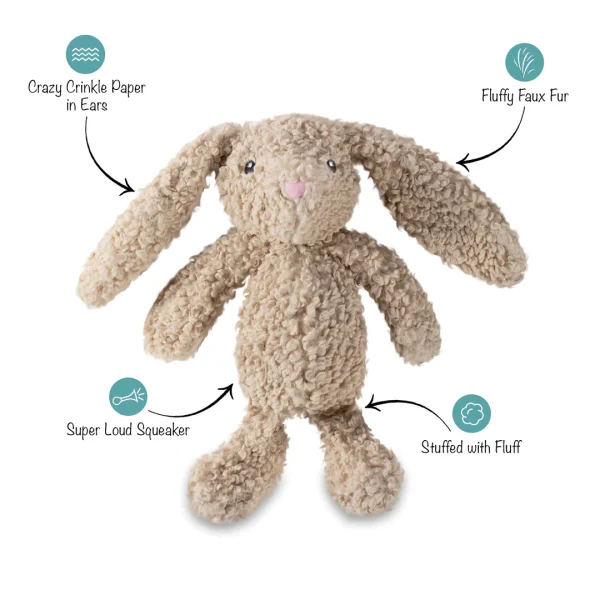 Hey there hop stuff! Our “Honey Bunny” plush toy is perfect for playtime, anytime. Made with a super loud squeaker and crazy crinkle paper, your pup will find this toy ear-resistible. Great for all dog sIzes and not intended for aggressive chewers. • Super loud squeaker • Crinkle paper • Great for fetch & play • Perfect for all dog sizes • 11" h x 8" w x 4" d