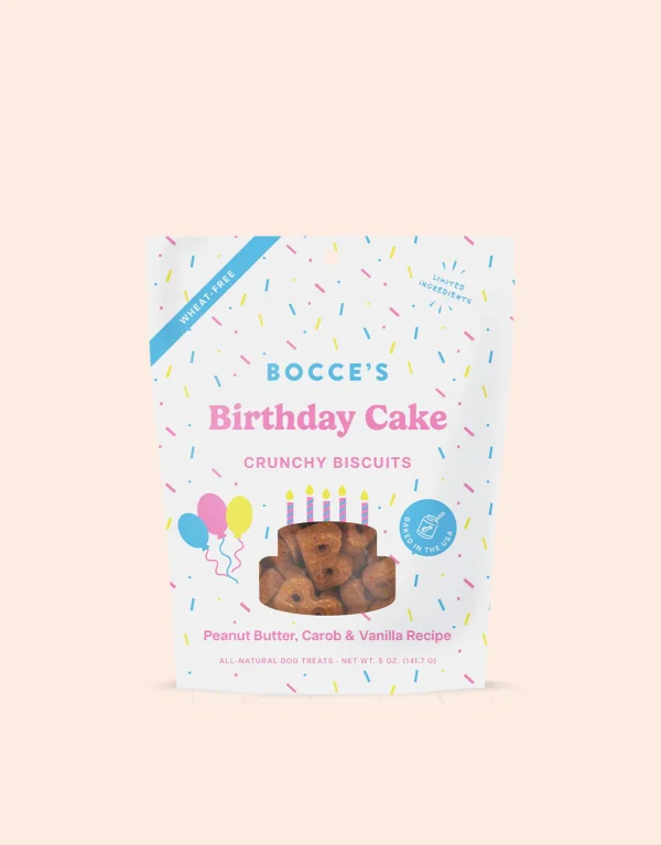 Bocce's baked up a birthday cake your pup can enjoy everyday. Treat your pup to this simply sweet biscuit and celebrate their birthday year-round. 5 oz. Wheat-Free 100% Real Ingredients Baked in the USA Ingredients: Oat Flour, Peanut Butter, Carob, Vanilla, Molasses, Coconut Oil Guaranteed Analysis: Protein: 11% Fat: 9% Fiber: 2% Moisture: 8% Calories: 12 Cal/treat