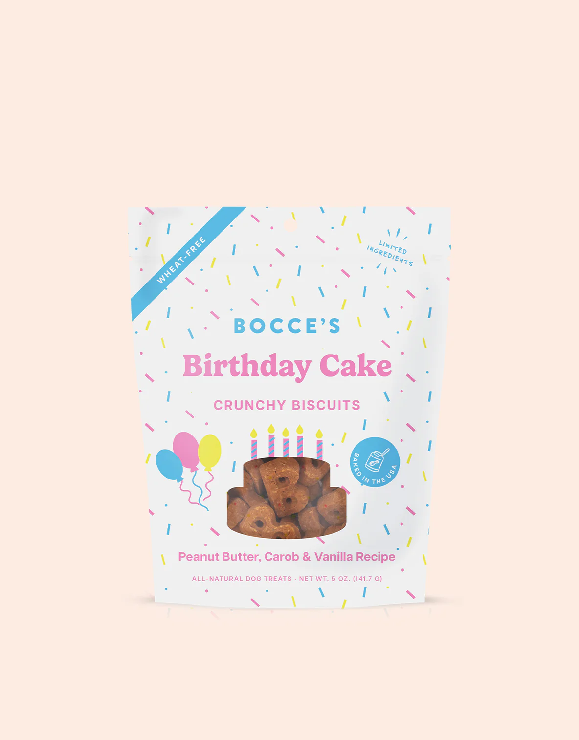 Bocce's baked up a birthday cake your pup can enjoy everyday. Treat your pup to this simply sweet biscuit and celebrate their birthday year-round. 5 oz. Wheat-Free 100% Real Ingredients Baked in the USA Ingredients: Oat Flour, Peanut Butter, Carob, Vanilla, Molasses, Coconut Oil Guaranteed Analysis: Protein: 11% Fat: 9% Fiber: 2% Moisture: 8% Calories: 12 Cal/treat