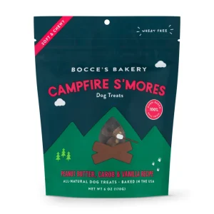 It’s about time pups got to enjoy delicious Campfire S’mores! You’ll have a hard time believing this treat didn’t come straight from the fire when you open up a bag. Soft baked with peanut butter, carob and vanilla — your pup will be sure to want s’(more)s! -Wheat-Free -100% Real Ingredients -Baked in the USA Ingredients- Oat Flour, Peanut Butter, Rolled Oats, Coconut Glycerin, Molasses, Flaxseed, Vegetable Oil, Carob Chips, Vanilla, Citric Acid (Preservative) 11% Protein, 10% Fat, 2% Fiber, 25% Moisture 13 Cal/treat