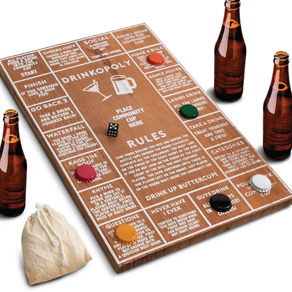 Exciting gameplay with perfect icebreakers Premium wooden game board with vintage look Includes board, bottle caps, dice, and drawstring bag Easy-to-follow instructions for hours of play Display-worthy design Vintage and Stylish design