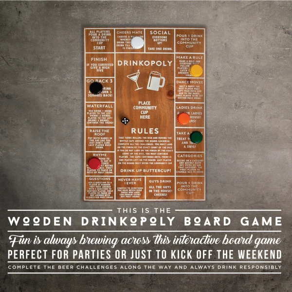 Exciting gameplay with perfect icebreakers Premium wooden game board with vintage look Includes board, bottle caps, dice, and drawstring bag Easy-to-follow instructions for hours of play Display-worthy design Vintage and Stylish design