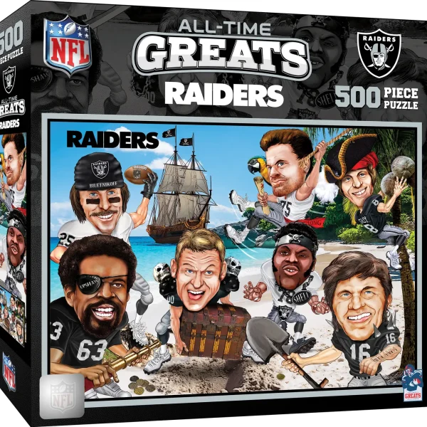 This MasterPieces 500pc NFL puzzle measures 15” x 21” and features some of the greatest NFL players to ever wear a Las Vegas Raiders uniform. The easily recognizable and fun caricatures are shown in an setting specific to the team name, city or history. To reduce its impact on our environment, the chipboard used in this puzzle is made of recycled material.