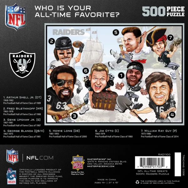 This MasterPieces 500pc NFL puzzle measures 15” x 21” and features some of the greatest NFL players to ever wear a Las Vegas Raiders uniform. The easily recognizable and fun caricatures are shown in an setting specific to the team name, city or history. To reduce its impact on our environment, the chipboard used in this puzzle is made of recycled material.