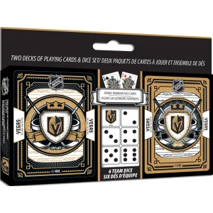 Who says you can't bring the casino to your next game night? These Officially Licensed NHL Las Vegas Golden Knights 2-pack playing card and dice sets are perfect for any game night. The high-quality Casino Style Cardstock playing cards are perfect for any fan of the Las Vegas Golden Knights. The deck features a unique team design and comes with a 6-piece 16mm D6 gaming dice set. Whether you're playing some poker or trying to beat the dealer at blackjack, these cards will help you do it in style. So roll the dice and get ready to bet big, because, with this set, you're going to win big. Go Team!