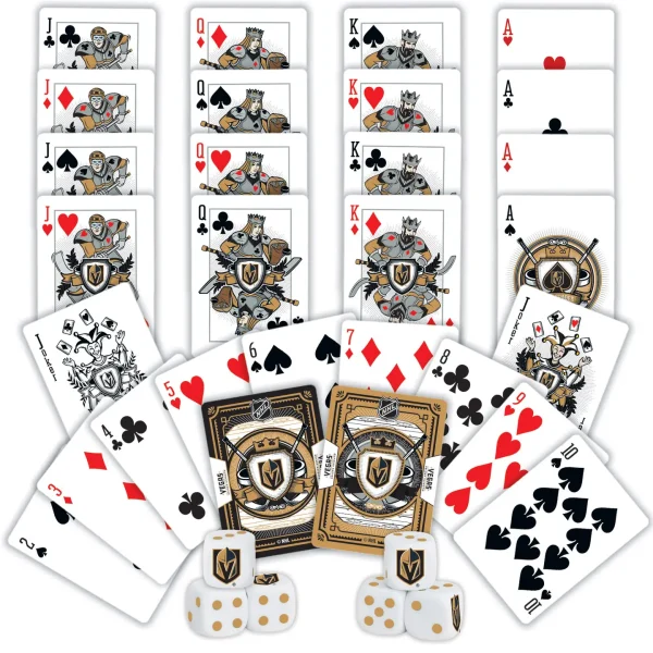 Who says you can't bring the casino to your next game night? These Officially Licensed NHL Las Vegas Golden Knights 2-pack playing card and dice sets are perfect for any game night. The high-quality Casino Style Cardstock playing cards are perfect for any fan of the Las Vegas Golden Knights. The deck features a unique team design and comes with a 6-piece 16mm D6 gaming dice set. Whether you're playing some poker or trying to beat the dealer at blackjack, these cards will help you do it in style. So roll the dice and get ready to bet big, because, with this set, you're going to win big. Go Team!