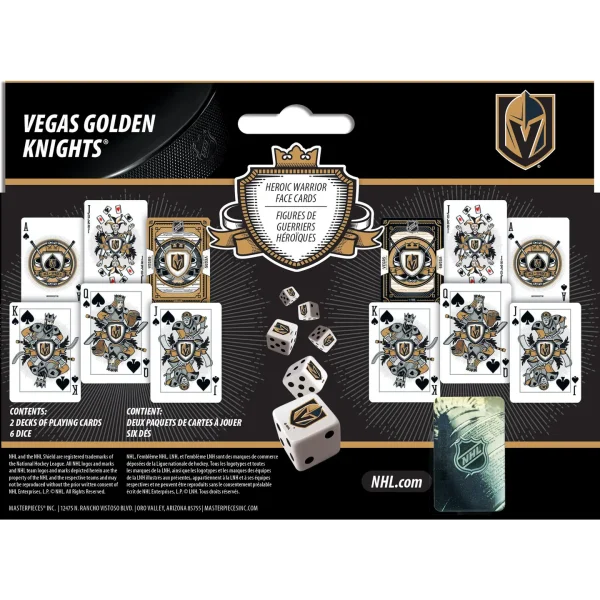 Who says you can't bring the casino to your next game night? These Officially Licensed NHL Las Vegas Golden Knights 2-pack playing card and dice sets are perfect for any game night. The high-quality Casino Style Cardstock playing cards are perfect for any fan of the Las Vegas Golden Knights. The deck features a unique team design and comes with a 6-piece 16mm D6 gaming dice set. Whether you're playing some poker or trying to beat the dealer at blackjack, these cards will help you do it in style. So roll the dice and get ready to bet big, because, with this set, you're going to win big. Go Team!