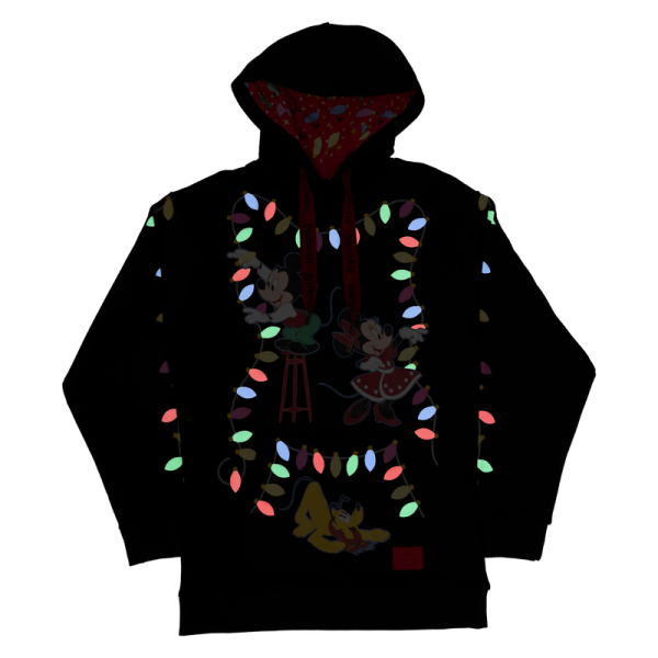 Hip-hip-hooray! Festive lights coming your way! Keep all the holiday lights close wherever you go with our Disney’s Mickey Mouse and Friends hooded jersey. An elegant black background makes the festive lights on the sleeves and front pop. Disney’s Mickey Mouse, Minnie Mouse, and Pluto are busy hanging a colorful light display. Pluto’s cozy spot makes a playful front pocket for warming your hands, and in the dark, all the lightbulbs glow! Spread the cheer and warmth of the season in style with this brilliant hooded jersey. Features: French terry fabric: 60% cotton, 40% polyester; ribbing & cuffs: 95% cotton & 5% Spandex Front pocket Screen-printed and glow-in-the-dark details Extra-large lanyard-style drawcord for displaying pins Lined jersey hood Comes in unisex sizes S through 3X. Sizing is very specific. This hoodie is an officially licensed Disney product.