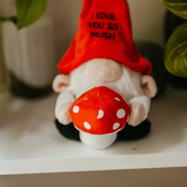 This gnome's got so mush love to give, and he's giving it all to you! He wants you to know that he's got eyes for gnome one else but you! His cute nose, tiny ears, and 3D mushroom make him as cute as a button. He's the perfect gift to tell your person that you'll always love the gnome matter what! This plush is ideal for children, collectors, or anyone who loves cozy and fun decor.