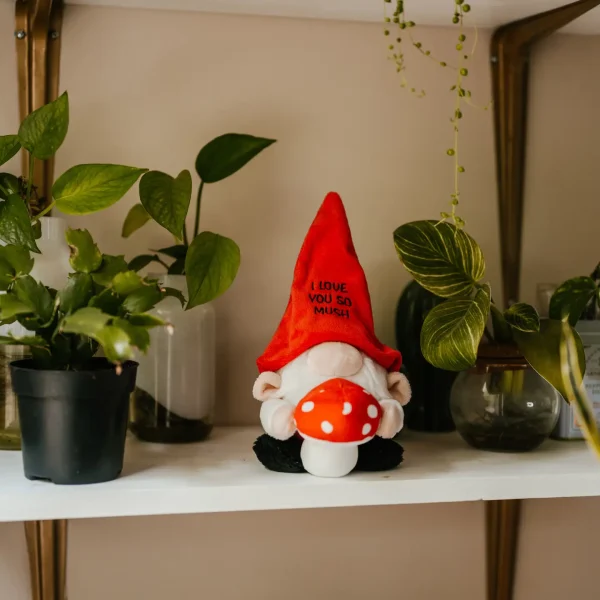 This gnome's got so mush love to give, and he's giving it all to you! He wants you to know that he's got eyes for gnome one else but you! His cute nose, tiny ears, and 3D mushroom make him as cute as a button. He's the perfect gift to tell your person that you'll always love the gnome matter what! This plush is ideal for children, collectors, or anyone who loves cozy and fun decor.