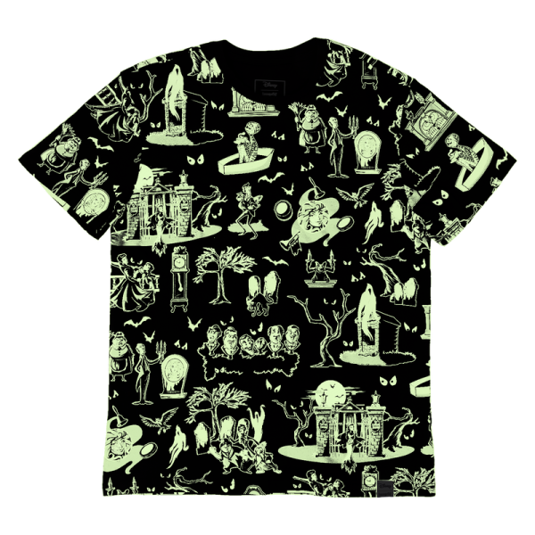 Welcome, foolish and fashionable mortals! This tee shirt has all the thrill worthy of a theme park attraction. Inspired by the Haunted Mansion, this design pays homage to the home of happy haunts with loads of hidden details. Look closely, and you’ll find hitchhiking ghosts, Madame Leota, and other ghostly residents! With glow-in-the-dark features to highlight this chilling design, this tee is the perfect pairing for any Disney parks fan. Features: 100% cotton jersey All-over print design Glow-in-the-dark and roller-printed details Sizes: Small through 3X This tee is an officially licensed Disney product.