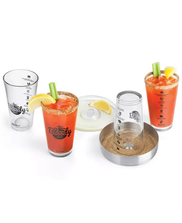 Serve up the ultimate Bloody Mary with this all in one set. Easily rim each glass in the included rimming tray with lid that doubles as a lemon or lime juice tray. Then just add ice ingredients to each of the 4 included glasses. Don't know the recipe no problem. Just follow the recipe printed directly on the back of each glass.