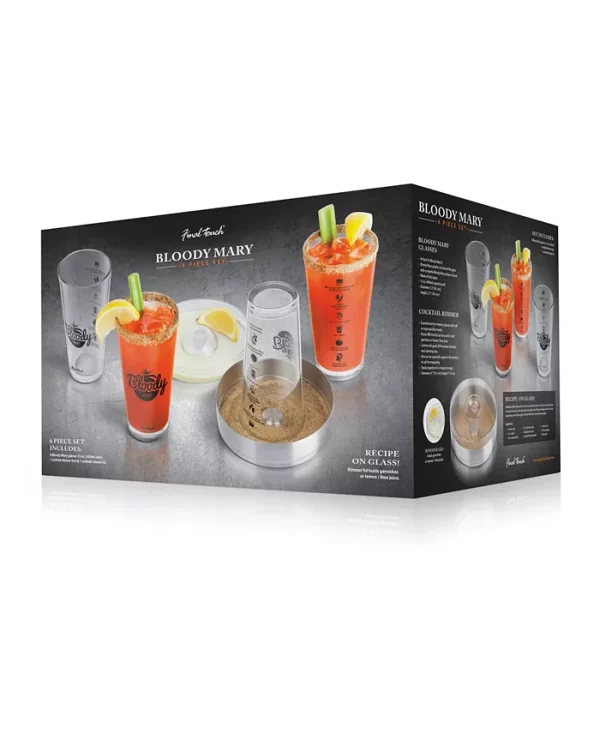 Serve up the ultimate Bloody Mary with this all in one set. Easily rim each glass in the included rimming tray with lid that doubles as a lemon or lime juice tray. Then just add ice ingredients to each of the 4 included glasses. Don't know the recipe no problem. Just follow the recipe printed directly on the back of each glass.