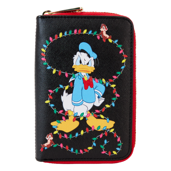 Hip-hip-hooray! Festive lights coming your way! Keep all the holiday lights close wherever you go with our Disney’s Mickey Mouse and Friends zip-around wallet. An elegant black background makes the festive lights outlining the border on the front pop. Disney’s Donald Duck is all wrapped up in a colorful strand of holiday lights that appears along the border. On the back, Disney’s Mickey Mouse and Minnie Mouse hang their own string of lights, and in the dark, the lights on both sides of the wallet glow. Spread the cheer and warmth of the season in style with this brilliant accessory. Features: Vegan leather (polyurethane) Approximately four slots for holding cards One clear ID holder with a die-cut shape of a light bulb Zipper for securing items Shiny gold-colored metal hardware Debossed, glow-in-the-dark, and printed details Coordinating inside lining Dimensions: 6”W x 4”H This wallet is an officially licensed Disney product.