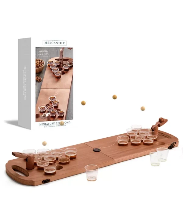 Studio bring on the party games with Studio Mercantile wooden mini beer pong drinking game set. The built-in ball catapult adds additional fun to the class beer pong game. Wooden board folds up for easy storage and for taking the party on the go.