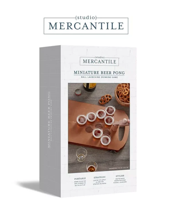 Studio bring on the party games with Studio Mercantile wooden mini beer pong drinking game set. The built-in ball catapult adds additional fun to the class beer pong game. Wooden board folds up for easy storage and for taking the party on the go.