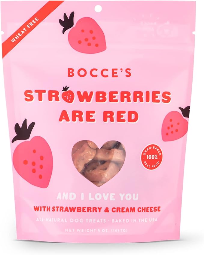 The best way to a pup’s heart is through their tummy (at least that’s what we’ve heard!) Show your pup some extra love with these crunchy biscuit treats baked with strawberries and cream cheese and lots of “I love you’s.”