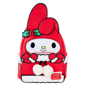 Ring in the holidays with the sweetest of sounds. Our My Melody mini backpack features a real jingle bell decoration—and other festive surprises. Her characteristic hat rises up in applique detail, over the front pocket, which is also decked out for the holidays. Fluffy white sherpa details accent the glittery red of her attire—and white pom-poms hang from real-cord details. There’s plenty of room to secure your daily essentials and share the gift of friendship wherever you go. Features: Vegan leather (polyurethane) Padded, adjustable shoulder straps Side panels with sherpa details Zippered main compartment Zippered front compartment Silver-colored metal hardware Jingle bell Applique, sherpa, glitter, embroidered, real cord, pom-pom, and printed details Coordinating inside lining Dimensions: 9”W x 10.5”H x 4.5”D This backpack is an officially licensed Sanrio product.