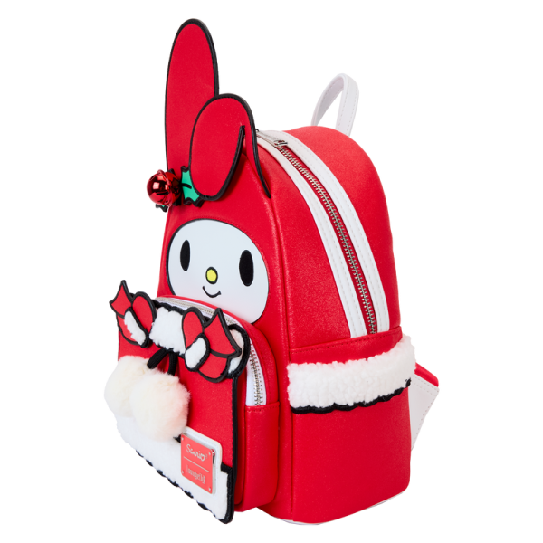 Ring in the holidays with the sweetest of sounds. Our My Melody mini backpack features a real jingle bell decoration—and other festive surprises. Her characteristic hat rises up in applique detail, over the front pocket, which is also decked out for the holidays. Fluffy white sherpa details accent the glittery red of her attire—and white pom-poms hang from real-cord details. There’s plenty of room to secure your daily essentials and share the gift of friendship wherever you go. Features: Vegan leather (polyurethane) Padded, adjustable shoulder straps Side panels with sherpa details Zippered main compartment Zippered front compartment Silver-colored metal hardware Jingle bell Applique, sherpa, glitter, embroidered, real cord, pom-pom, and printed details Coordinating inside lining Dimensions: 9”W x 10.5”H x 4.5”D This backpack is an officially licensed Sanrio product.