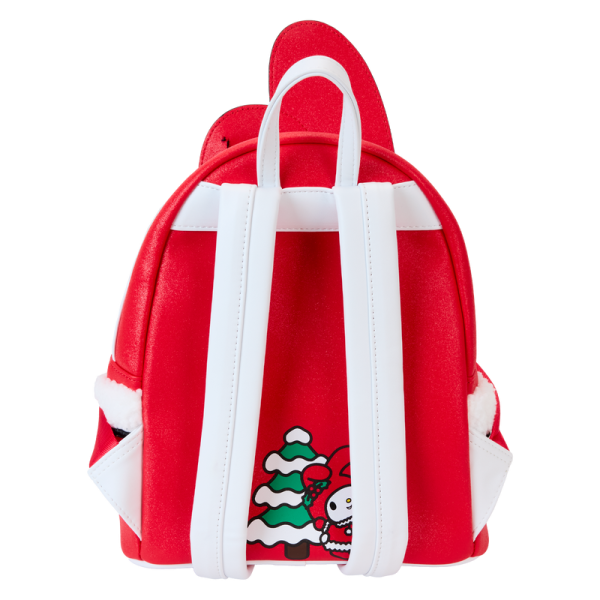 Ring in the holidays with the sweetest of sounds. Our My Melody mini backpack features a real jingle bell decoration—and other festive surprises. Her characteristic hat rises up in applique detail, over the front pocket, which is also decked out for the holidays. Fluffy white sherpa details accent the glittery red of her attire—and white pom-poms hang from real-cord details. There’s plenty of room to secure your daily essentials and share the gift of friendship wherever you go. Features: Vegan leather (polyurethane) Padded, adjustable shoulder straps Side panels with sherpa details Zippered main compartment Zippered front compartment Silver-colored metal hardware Jingle bell Applique, sherpa, glitter, embroidered, real cord, pom-pom, and printed details Coordinating inside lining Dimensions: 9”W x 10.5”H x 4.5”D This backpack is an officially licensed Sanrio product.