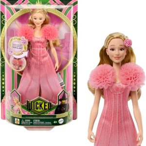 Inspired by Universal Pictures’ Wicked, the singing Glinda fashion doll brings the music to life! Sing “Popular” along with Glinda -- press the button to hear one 15-second clip, then press it again to hear a second 15-second clip. Glinda doll wears a soft, removable, pink ombre dress with puff sleeves and features her long blonde hair -- use her hair clip accessories to create even more Glinda-fied styles and looks! Highlighting the magic of sisterhood and friendship, Wicked dolls make an inspiring gift for kids to play out their biggest dreams! Fans can collect their favorite characters to recreate scenes and make up their own storylines and adventures