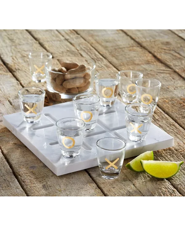 Party games take on a fun new meaning with the marble look and gold-tone accents on this vintage-inspired tic-tac-toe shots game from Studio Mercantile.