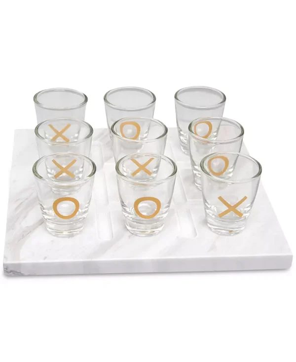 Party games take on a fun new meaning with the marble look and gold-tone accents on this vintage-inspired tic-tac-toe shots game from Studio Mercantile.