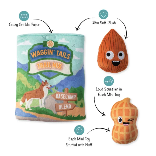 Take a hike! Our “Waggin’ Tails Trail Mix” burrow bag plush toy set is perfect for high-energy pups that enjoy interactive puzzle toys. This set includes 1 burrow bag with crazy crinkle paper and 2 mini toys with loud squeakers. Keep dogs entertained and occupied with hide-and-seek fun: simply hide the mini toys inside the burrow bag, squeak a mini toy or crinkle the bag, and watch your dog try to figure out how to pull them out. This boredom buster will keep your pup searching for these sweet treats! Great for most dog sizes and not intended for aggressive chewers. • Interactive puzzle toy • 3 toys in 1 • 2 mini toys • Loud squeaker in each mini toy • Crinkle paper in burrow bag • Perfect for most dog sizes • Burrow: 8" h x 6" w • Peanut: 4" h x 2.5" w • Almond: 4" h x 2.5" w