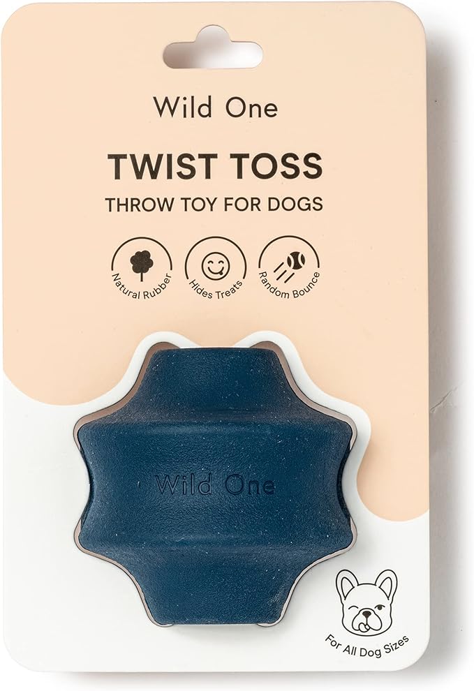 PERFECT TOY FOR TREATS: Interior channel holds chews and dispenses treats. INSTINCTUAL NEEDS: The Twist Toss helps satisfy dogs' instinctual needs and provides mental stimulation. Healthy play is important for dogs' physical and mental development, emotions and behavior. KEEPS YOUR DOG ENTERTAINED: Grooved surface creates an unpredictable bounce and keeps pups engaged. FREEZER FRIENDLY: If you want to stuff a little extra peanut butter in the toy for a frozen treat for your dog, this is a fun toy for that! SAFE TO CHEW: With being 100% Natural Rubber, BPA and Phthalate Free, this makes the toy durable and not brittle that can be broke when bit on.