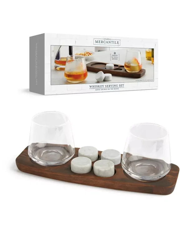 Enhance your home bar with Studio Mercantile whiskey serving tray and chilling stone set. This luxurious set features 2- 11 fluid oz glasses, a high-quality wood tray, and 4 large chilling stones to keep drinks cold without watering them down. The ideal gift for whiskey enthusiasts and connoisseurs.