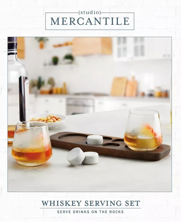 Enhance your home bar with Studio Mercantile whiskey serving tray and chilling stone set. This luxurious set features 2- 11 fluid oz glasses, a high-quality wood tray, and 4 large chilling stones to keep drinks cold without watering them down. The ideal gift for whiskey enthusiasts and connoisseurs.