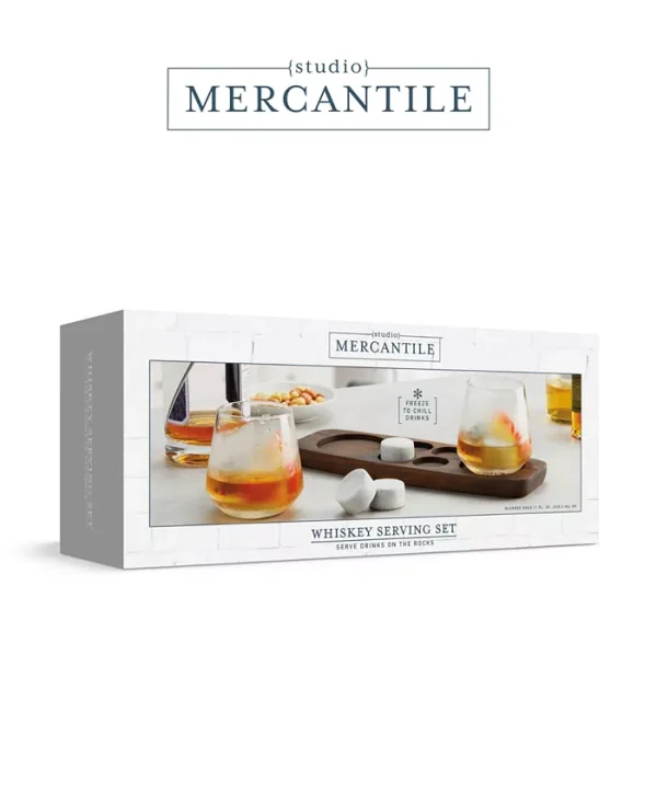 Enhance your home bar with Studio Mercantile whiskey serving tray and chilling stone set. This luxurious set features 2- 11 fluid oz glasses, a high-quality wood tray, and 4 large chilling stones to keep drinks cold without watering them down. The ideal gift for whiskey enthusiasts and connoisseurs.