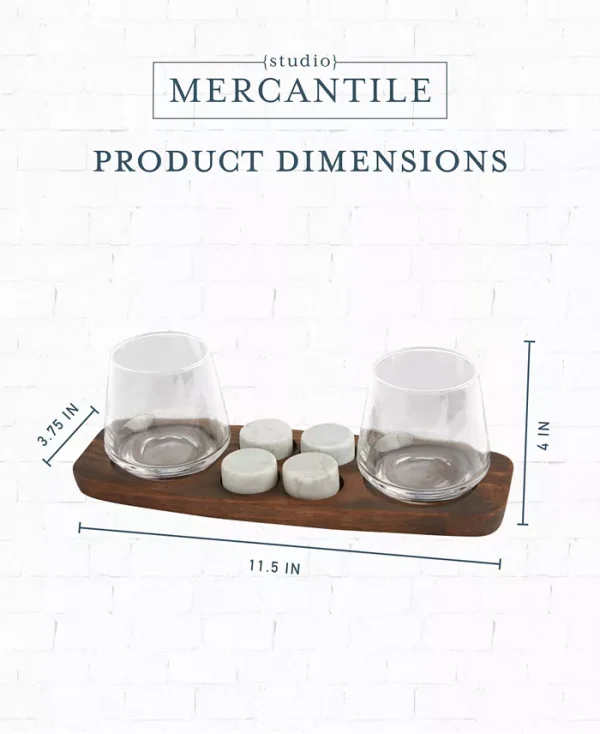 Enhance your home bar with Studio Mercantile whiskey serving tray and chilling stone set. This luxurious set features 2- 11 fluid oz glasses, a high-quality wood tray, and 4 large chilling stones to keep drinks cold without watering them down. The ideal gift for whiskey enthusiasts and connoisseurs.