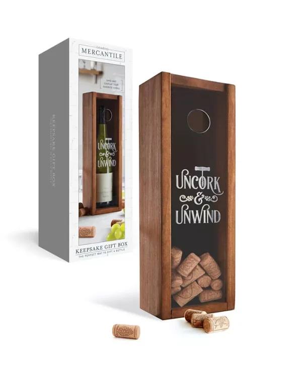 Present your favorite wine in style with the Studio Mercantile wine keepsake box, a dual-purpose gift box and cork display. Crafted to fit most wine and champagne bottles, this keepsake box features a plexiglass cover for secure storage and easy cork viewing.